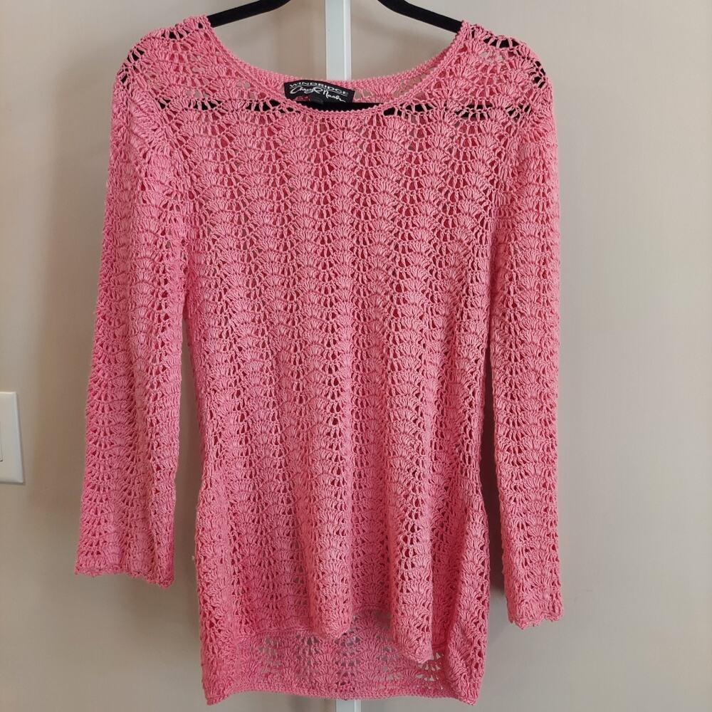 Windridge‎ Cheryl Nash Pink Open Knit Crochet Linen Sweater Pink Beach